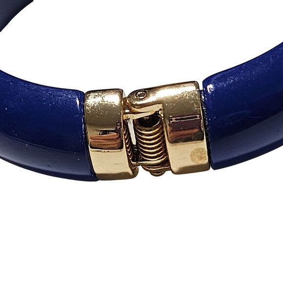 Retro Blue Resin Bangle Bracelet Gold Tone Rhinestone Accent Hinge Cuff Fashion - Picture 4 of 5